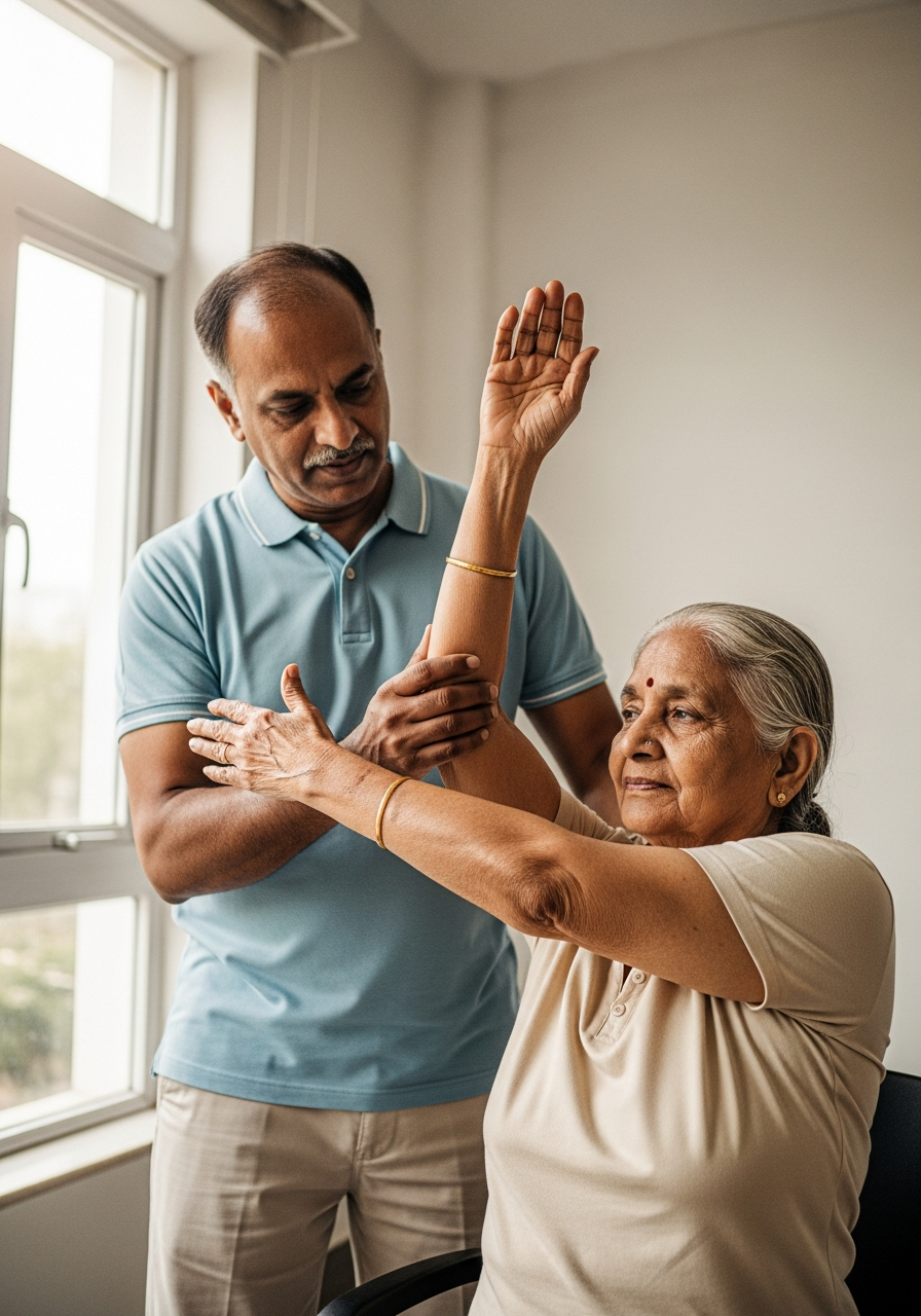 Aaroha Om coach guiding senior in movement session